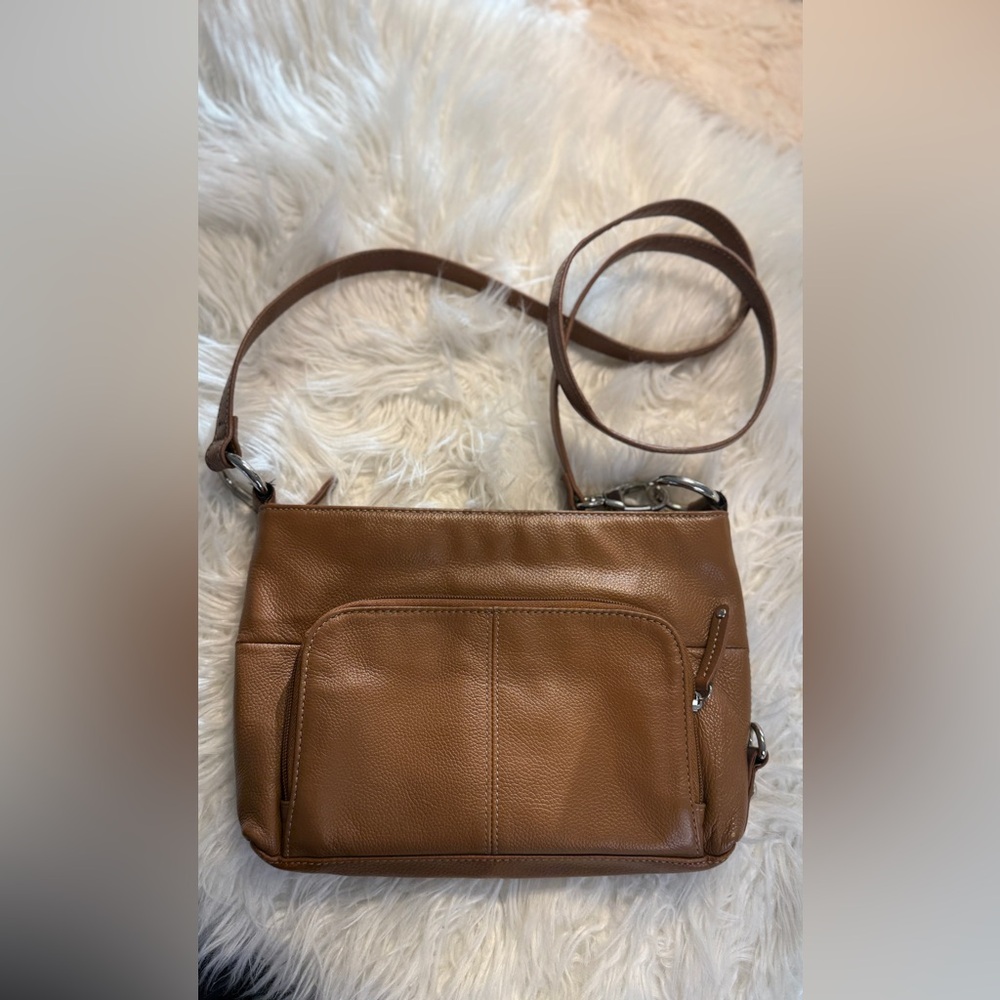 Tignanello Brown Pebbled Leather Crossbody Bag Multi Pocket Organizer